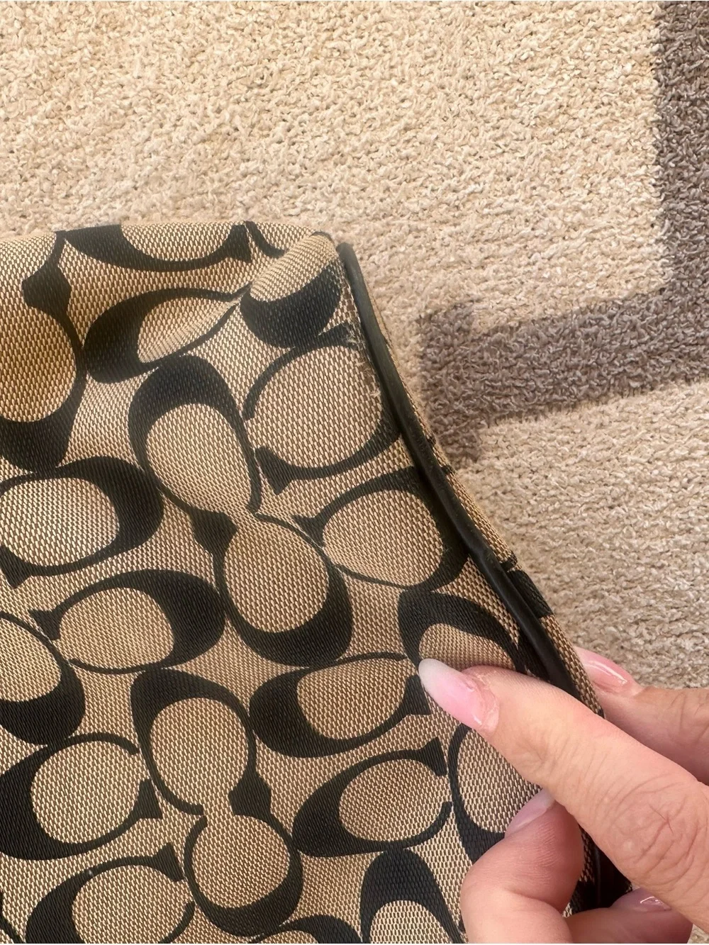 Coach Canvas Tote in Khaki and Black with Brown Leather Trim